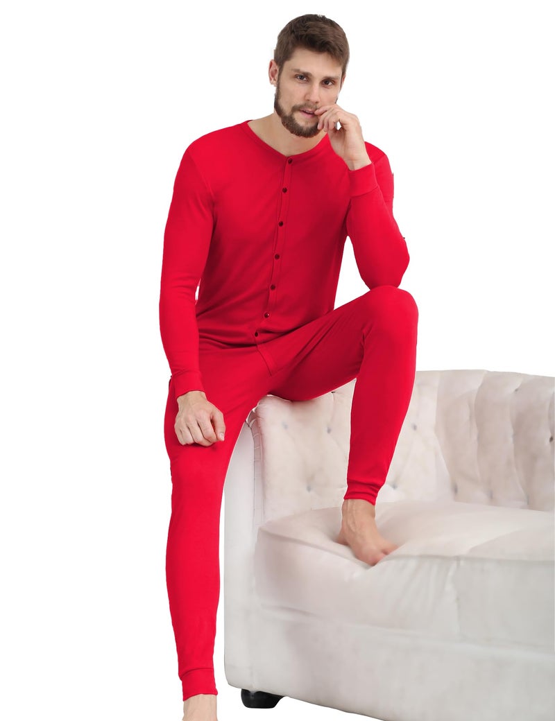 COLORFULLEAF Men's Cotton Thermal Underwear Union Suits Henley Onesies Base Layer (Red, L) - Image 4
